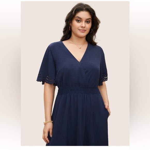 BloomChic Solid Laser Cut Shirred Pocket Wrap Scalloped Trim Flutter Dress - Picture 6 of 7